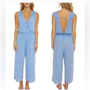 BECCA by Rebecca Virtue Blue Breezy Wrap Top One Piece Jumpsuit Cover-Up Size L